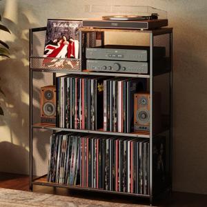 4 Tier Large Record Player Stand, Holds Up to 380-450 Albums Turntable Stand with 4 Adjustable Divider Vinyl Record Cabinet Turntable Stand for Albums DVD Shelf Books Magazines Files