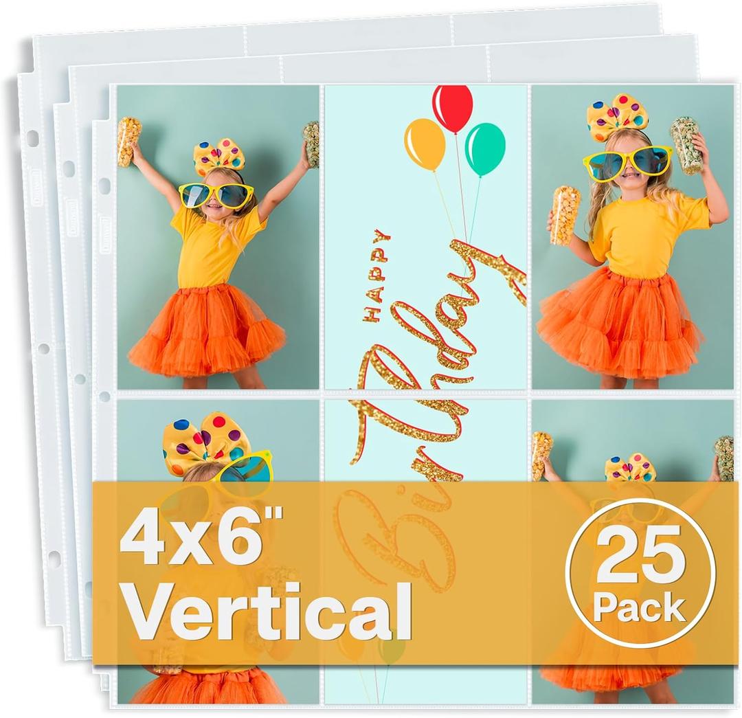 Dunwell 12x12 Scrapbook Page Protectors - 4x6 Photo Album Pages for 3-Ring Binder, (25-Pack, Vertical Layout), Holds 300 Pictures, Durable Refill Sleeves, Scrapbooking, Fits Pioneer & WRMK Albums