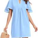 HOULENGS Women's Summer Flutter Short Sleeve A Line Mini Dress Casual Contrast Trim V Neck Short Dress with Pockets, Size: S