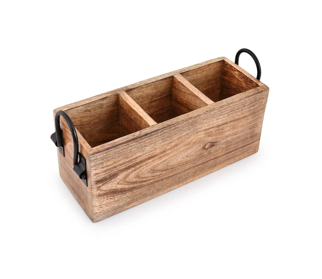 Samhita Mango Wood Cutlery Holder Caddy Organizer Wooden Utensil Storage Organizer Countertop for Silverware Fork Spoon Spatula 3 compartments (11" x 4" x 4.5")