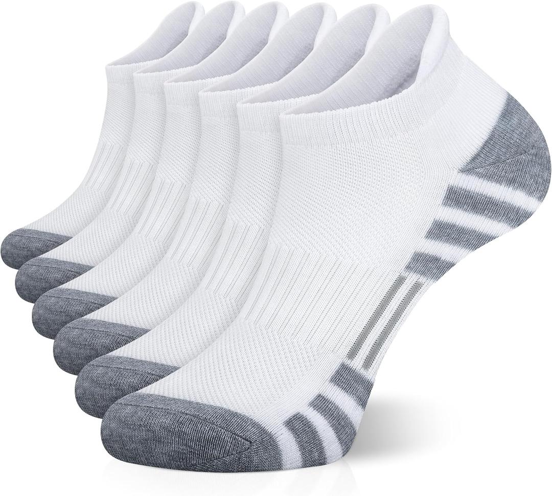 Airacker Ankle Athletic Running Socks Cushioned Breathable Low Cut Sports Tab Socks for Men and Women (6 Pairs) (6-9, White)