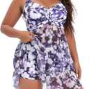 Daci Plus Size Two Piece Swim Dress with Shorts for Women Mesh Swimsuits Flowy Bathing Suits (Large, Purple Flower)
