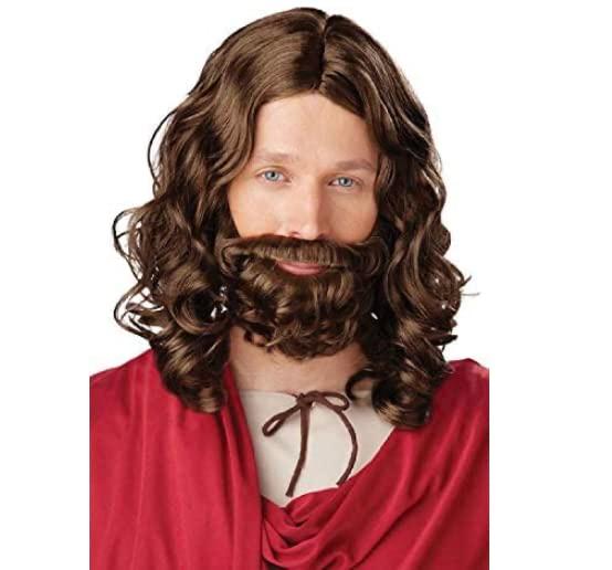Men's Classic Jesus Dark Brown Wig and Beard Set  Long Curly Costume Hair and Full Beard  Biblical, Jesus, Saint, or Historical Character Cosplay Accessory One Size Fits All
