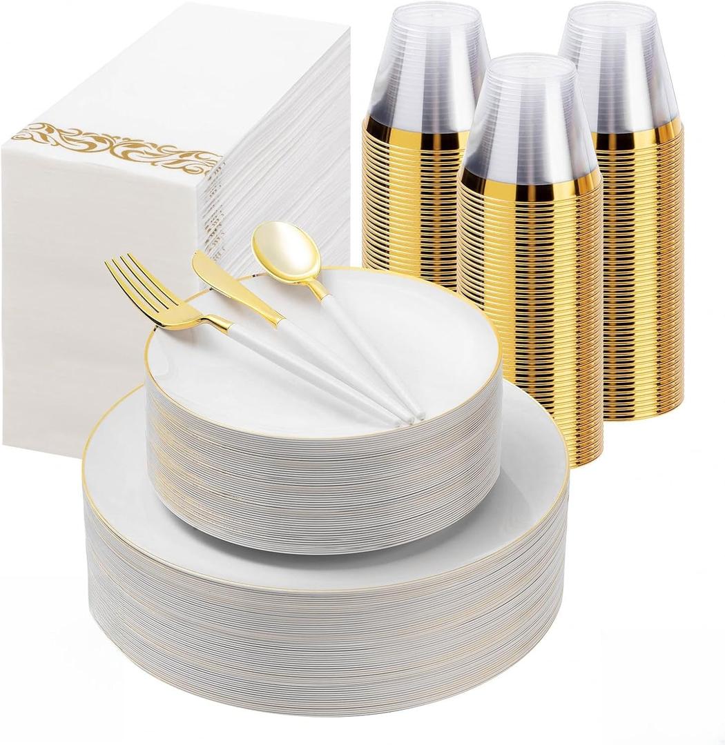 350 Pieces White Gold Plastic Dinnerware Set, Gold Disposable Plates for Party, Graduation, Include 100 White Plates with 150 Plastic Cutlery, 50 Napkins and 50 Cups