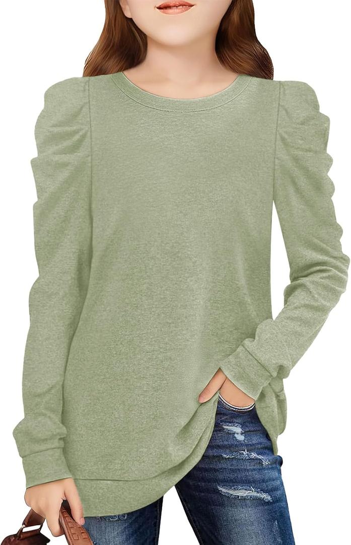 Girls Puff Sleeve Cute T Shirts Kids Fall Tops Crewneck Clothes Loose Fit 5-14Y