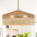 23” Boho Hand Woven Rattan Pendant Light Fringe Adjustable Minimalist 4-Lights Large Chandelier for Kitchen Island Dining Room Living Room, UL Listed