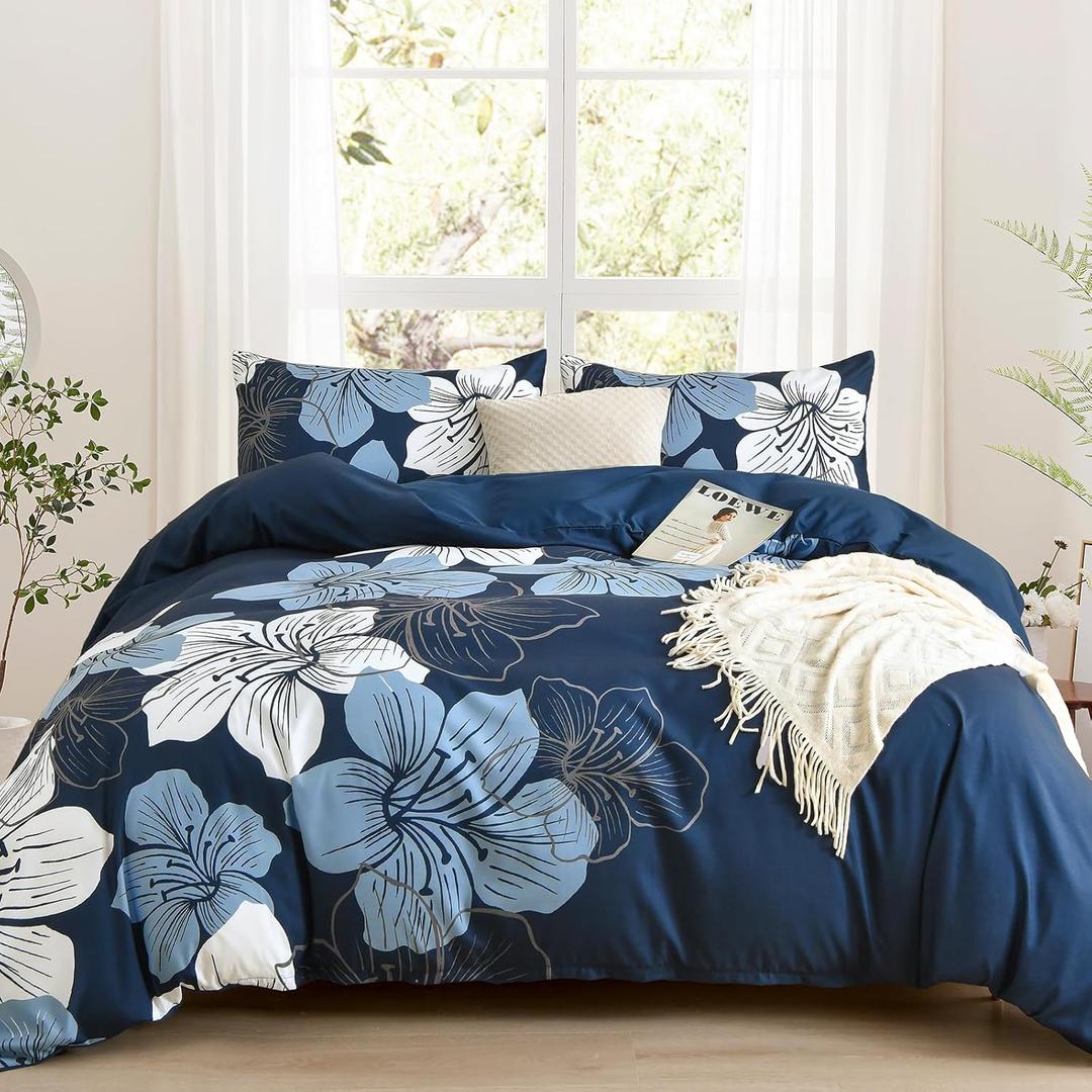 DJY 3 Pieces Duvet Cover Set King Navy Blue Floral Pattern Comforter Cover Elegant Boho Floral Duvet Cover with 2 Pillow Cases Lightweight Microfiber Bedding Duvet Cover Set All Season 90"x 104"