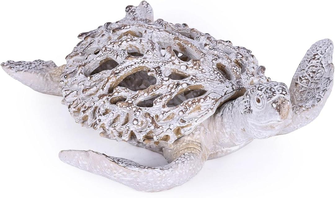 Beach Coastal Decor Coral Turtle Figurines - Nautical Ocean Decor Resin Teal Desk Coral Turtle Statue for Living Room, Bathroom, Office, Beach House, Seaside, Entrance, Shelf decor (Sandstone White), 12.8" x 12" x 3.7"