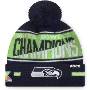 FOCO Seattle Seahawks NFL Super Bowl LX Champions Big Wordmark Stripe Pom Beanie, One Size