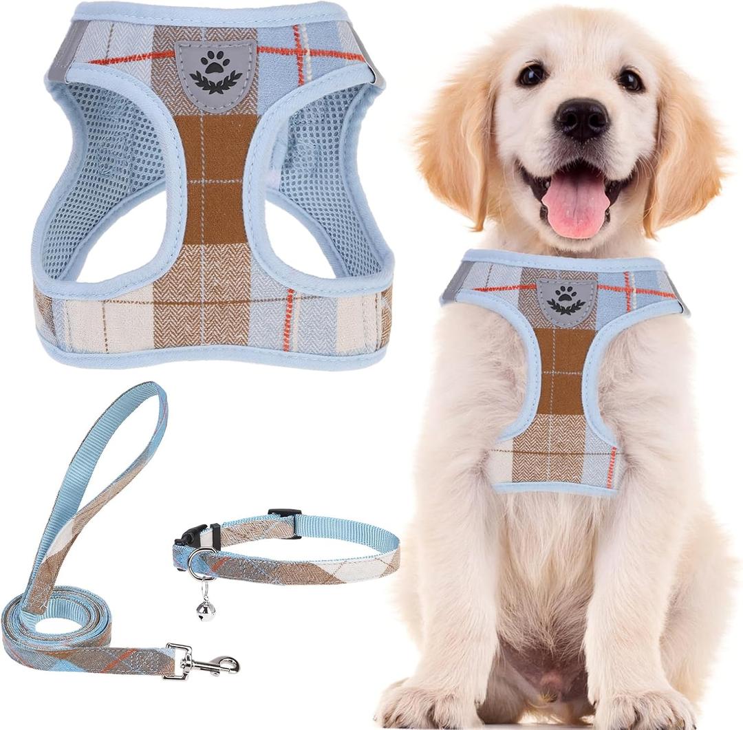 PUPTECK Adjustable Dog Harness Collar and Leash Set Step in No Pull Pet Harness for  Dogs Puppy and Cats Outdoor Walking Running, Soft Mesh Padded Reflective Vest Harnesses, BlueBrown L (L (CHEST 18"-20"))