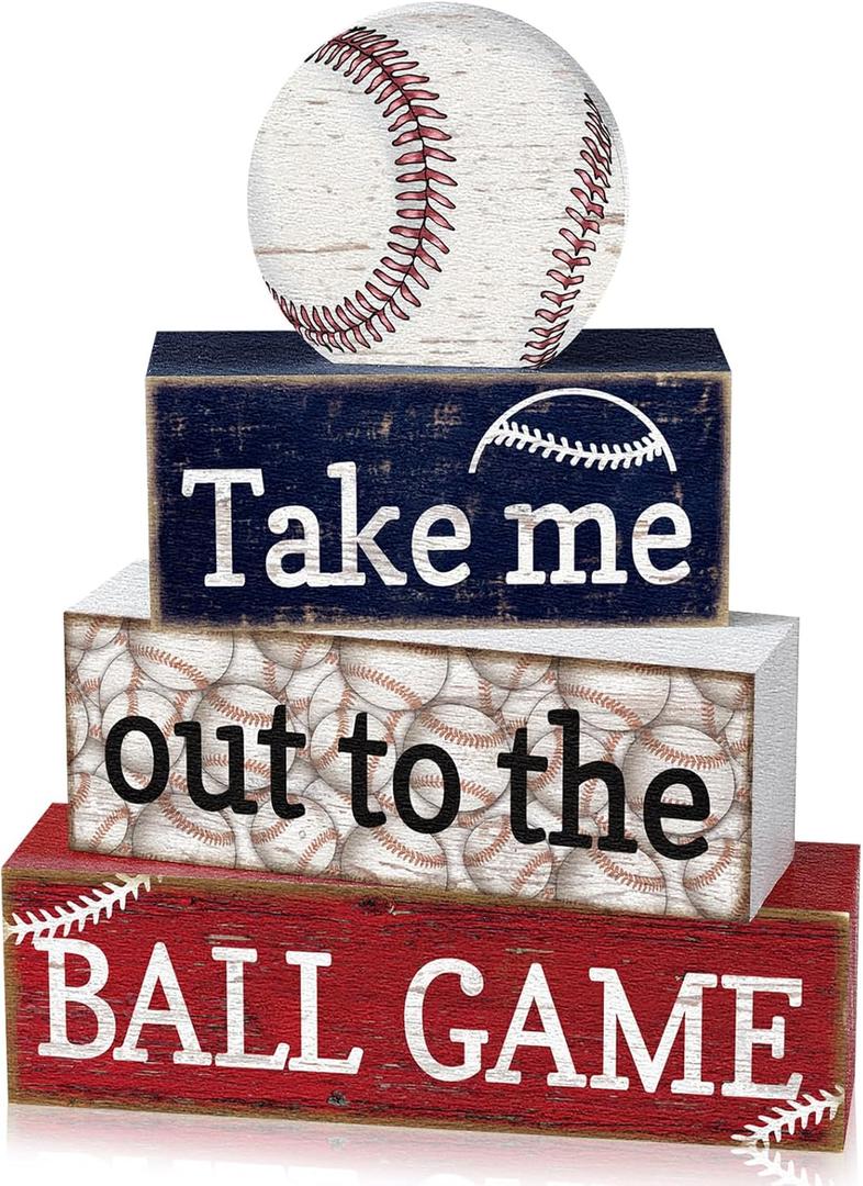 4 Pcs Baseball Decorations Rustic Baseball Wooden Signs Blocks Baseball Room Decor Baseball Tabletop Centerpieces Baseball Decor for Home Bedroom Shelf Locker Room Tiered Tray Party Decor