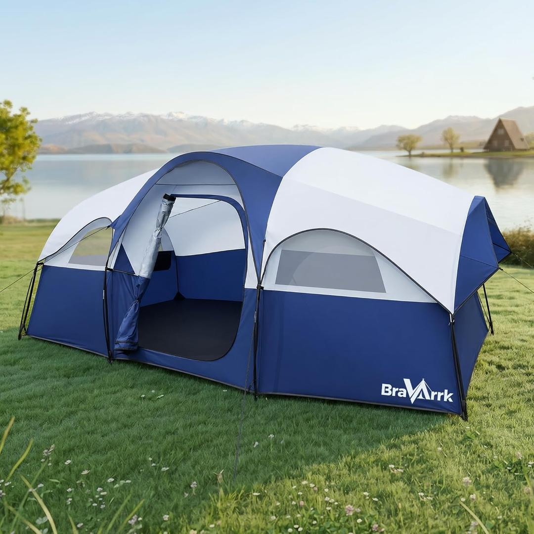 Camping Tent for 8 Person, PU3000MM Waterproof Family Tent with Rainfly, Large Roomy 3 Room Camping Tents with Divided Curtain, Portable Outdoor Tent for Families Car Camping, 14x9x6 ft