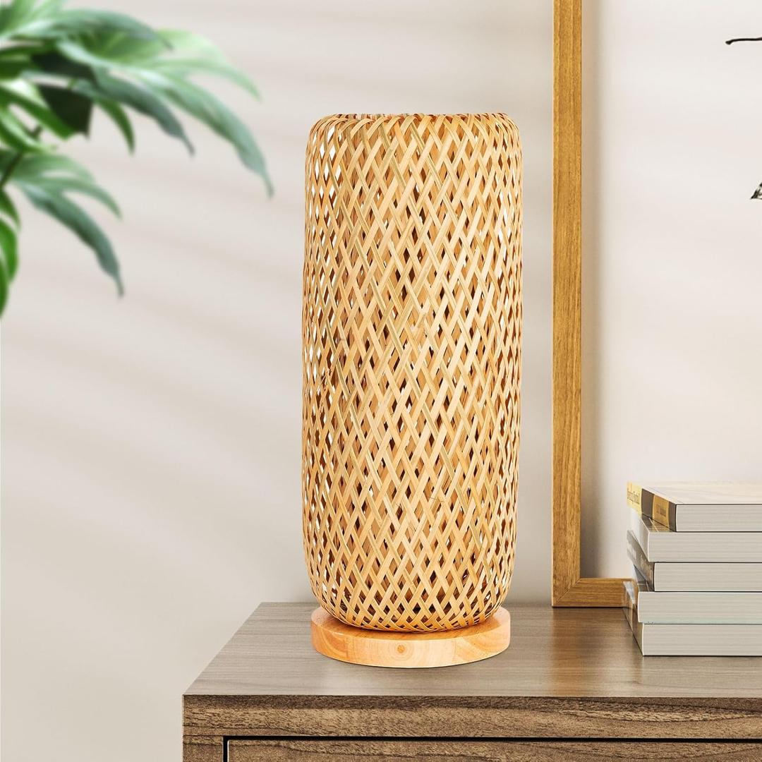 Bamboo Table Lamp, Handmade Boho Wicker Woven Desk Night Light, Rustic Farmhouse Wooden Bedside Nightstand Lighting Fixture for Kids Nursery Room