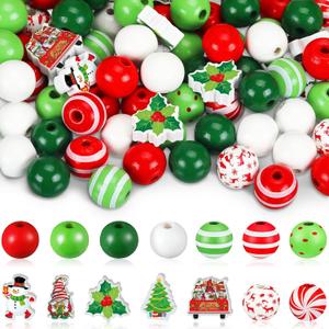 240 Pcs Christmas Wooden Beads Craft 0.63 Inches Hanging Red Green White Santa Christmas Tree Deer Candy Snowman Beads with Ropes for Home Xmas Garland DIY Making Decor, 15 Style