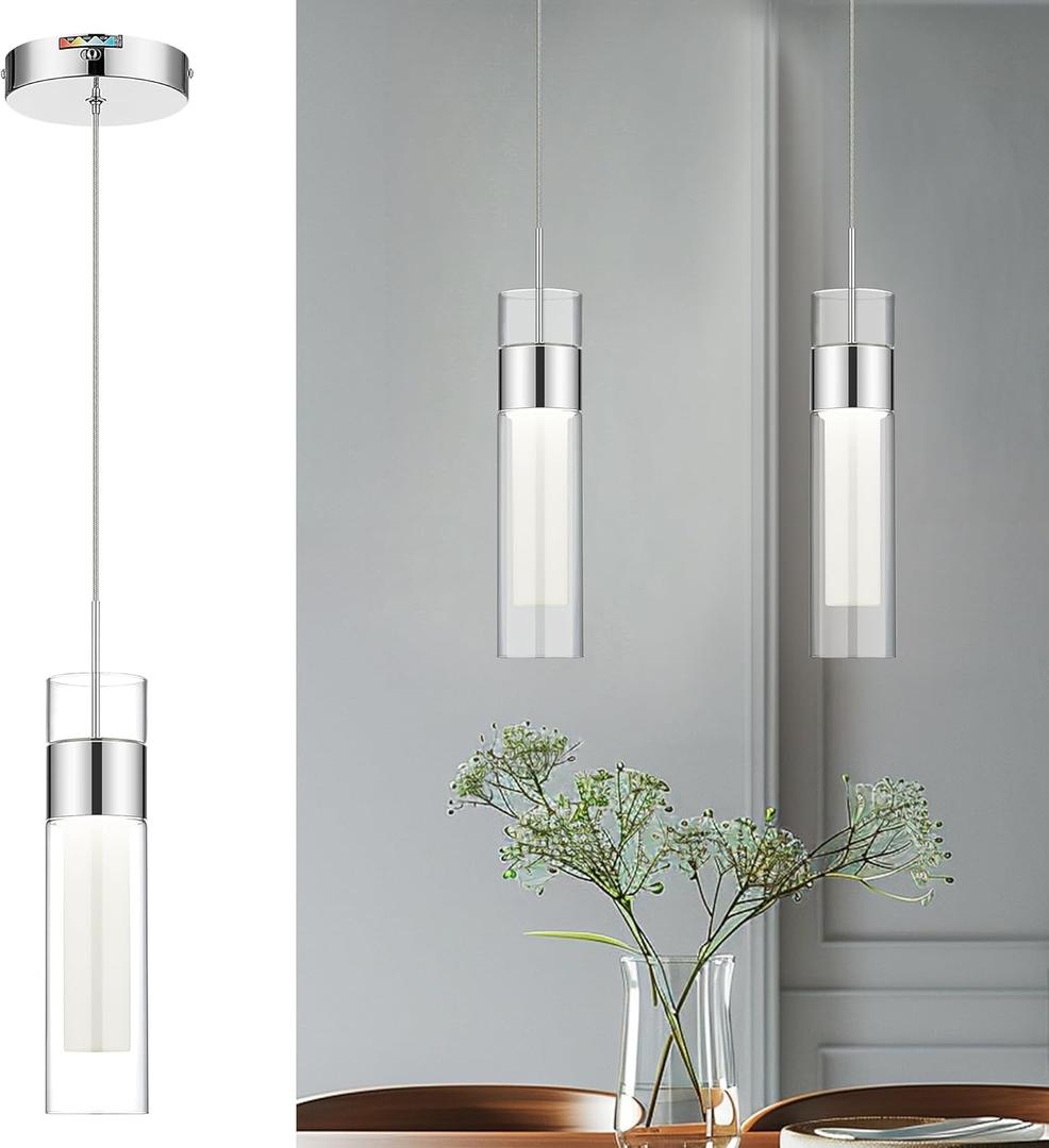 kudos Chrome Pendant Light Fixtures, Modern LED Pendant Lights with Clear Glass and Milk Glass, Pendant Lights for Kitchen Island, KDPL10-CH