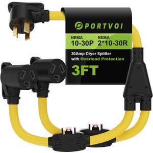 30 Amp Dryer Y Splitter For EV with Overload Protection Circuit Breaker, NEMA 10-30P Male to 2X 10-30R Female, Heavy Duty 240V 3-Prong Dryer Outlet Adapter for EV Charger, 10 AWG STW Cable, ETL Listed