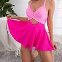 B2prity Women Cutout One Piece Skirt Swimsuit V Neck Wrap Tie Back Swimdress Tummy Control Bathing Suits Slimming Swimwear (Pink, M)