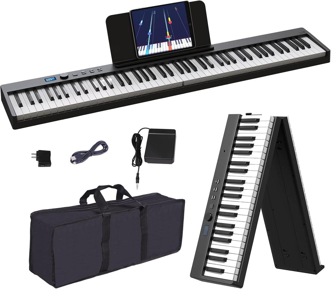 KONIX Foldable Piano Keyboard, 88 Key Full Size Semi Weighted Folding Piano Keyboard, Bluetooth Portable Electronic Keyboard Piano with Sheet Music Stand, Sustain Pedal and Piano Bag, Black