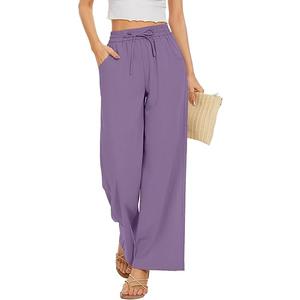 Women Flowy Pants Drawstring Waist Wide Leg Palazzo Beach Pants Loose Fit with Pockets, Purple,  Size L