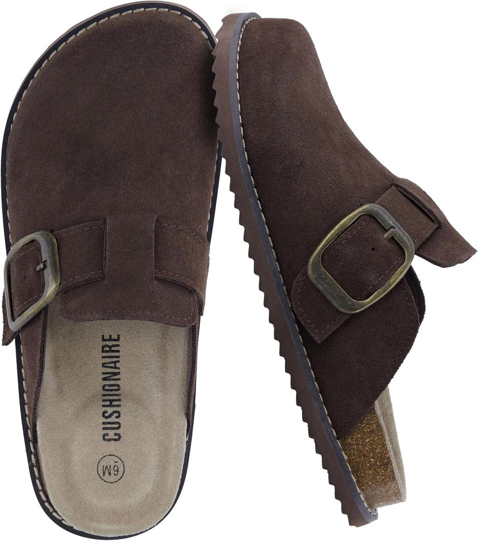 CUSHIONAIRE Women's Blain Genuine Suede Slip-On Clogs with + Memory Foam & Chic Buckle Mule - Comfortable, Non-Slip (9.5, Chocolate)