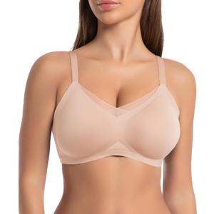 SHAPERX Wireless Bras for Women Seamless Push Up V Mesh Bralette No Underwire Full Coverage T-Shirt Bra with Removable Pads (XL, Beige)
