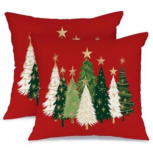 AACORS Christmas Pillow Covers 18X18 Set of 2,Watercolor Christmas Tree Stars Decoration Holiday Farmhouse Winter Pillow Case for Sofa Couch Decor（Red） AA231-18-2