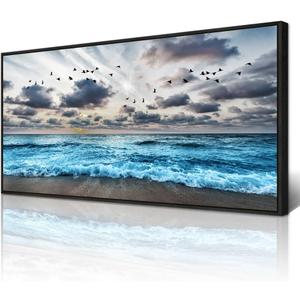 Wapluam Black And White Beach Wall Painting Black Framed Canvas Wall Art For Living Room Wall Decoration For Bedroom Office Wall Decor Blue Sea Wave Pictures Artwork Modern Hotel Room Home Wall Art (40L" x 20W", Blue Sea Wave Pictures Black Framed)
