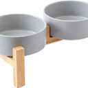 Elevated Ceramic Dog Bowl Set - Raised Dog Bowls with Non Slip Bamboo Stand, Food and Water Bowl Set for Kitty, Cats and Toy Breed Dogs, Pet Bowls, Weighted Dogs Dishes (5.1'', 2*16OZ, Grey)