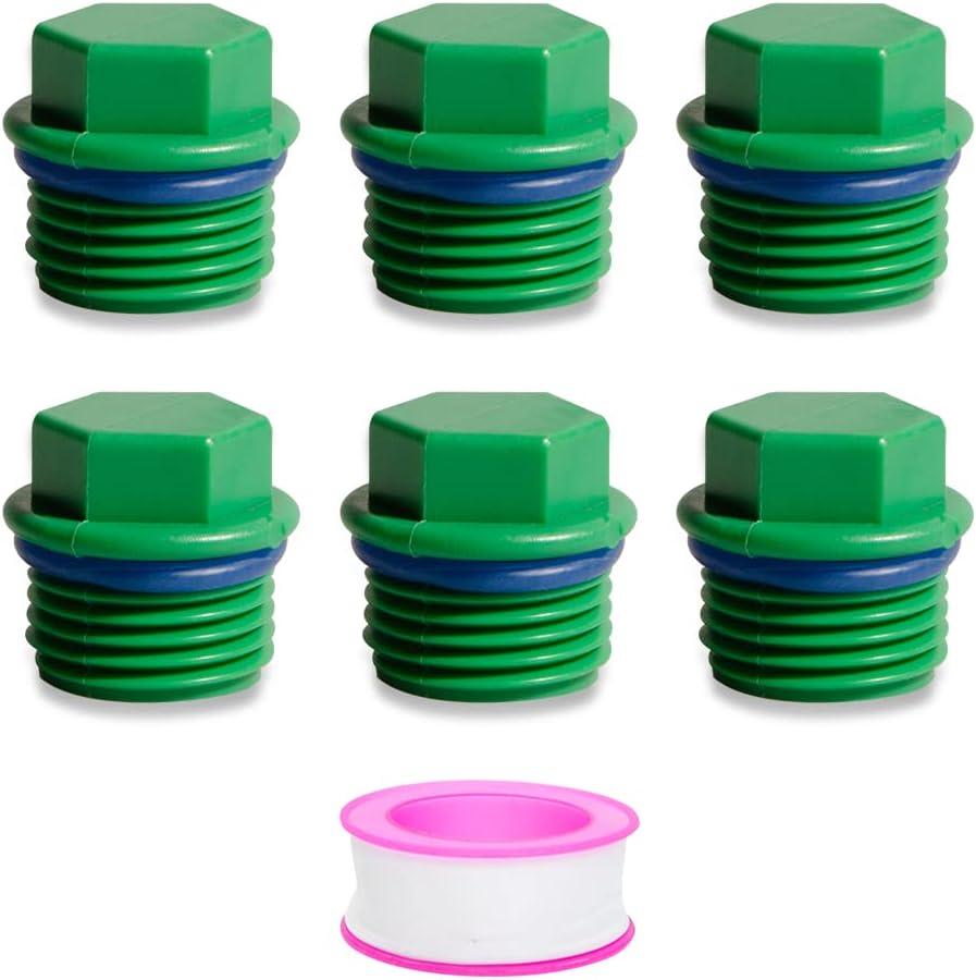 Feelers 3/4" PT Outer Hex Male Threaded PPR Pipe Plug End Cap with Teflon Tape Garden Hose Water Tubing Stopper Prevent Leakage Choke Fitting, Pack of 6, Green (0.75 Inch)