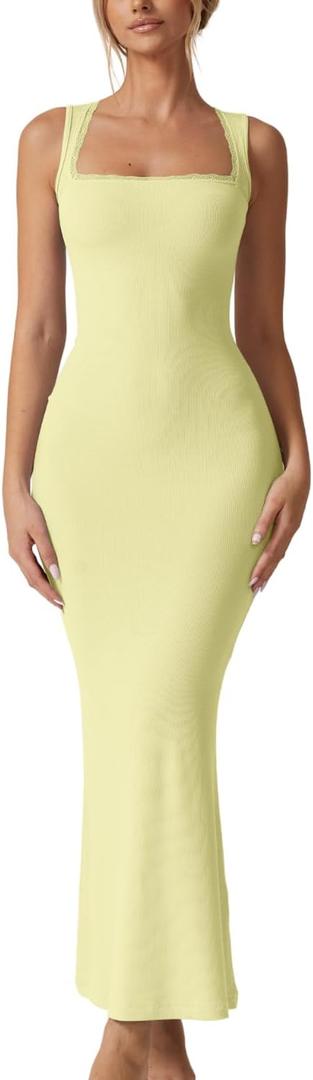 QINSEN Women's Square Neck with Lace Detail Long Maxi Dress Sleeveless Lounge Ribbed Full Length Dresses (Lemon Yellow)