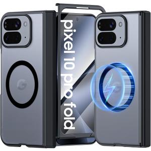 for Google Pixel 10 Pro Fold Case Magnetic [Hinge Protection] [HD Screen Protector] [Translucent Matte] Slim Skin-Friendly&Smooth Touch Shockproof Phone Case for Pixel 10 Pro Fold (Black)