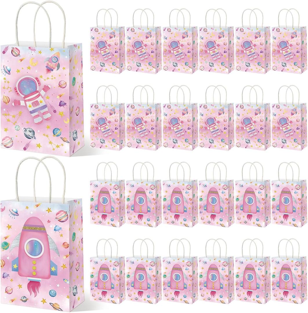 Geyoga 24 Pcs Pink Outer Space Party Favor Bags Space Goodie Gift Bags with Handles Galaxy Rocket Treat Party Supplies Two The Moon Birthday Decoration for Birthday Astronaut Galaxy Solar System Theme