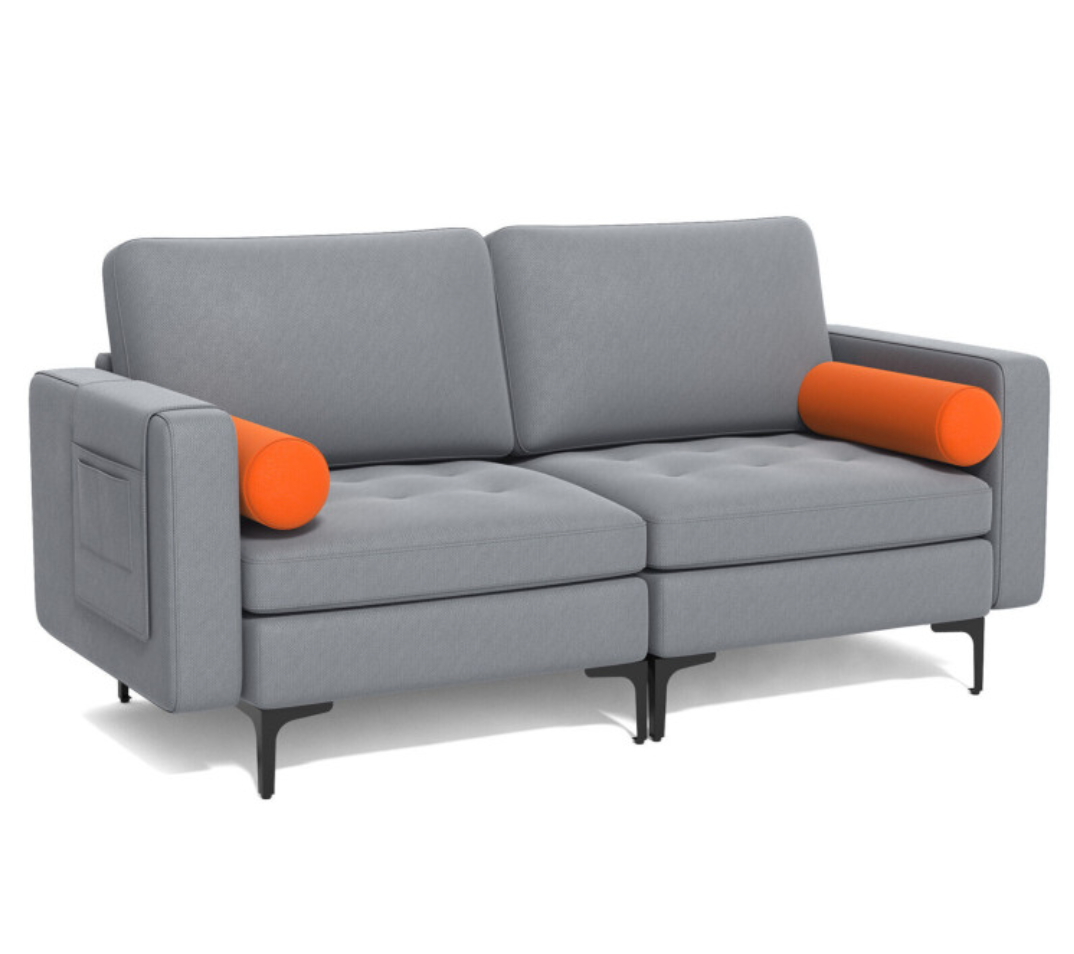 Modern Loveseat Sofa with 2 Bolsters and Side Storage Pocket-Gray