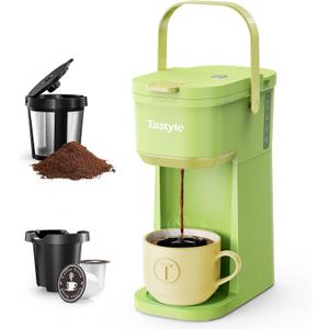 Tastyle Single Serve One Cup Coffee Maker, for K Cups and Grounds, Mini Coffee Maker with Portable Handle, 6 to 12 Oz Brew Size, for Travel, Camping, Office, RV and Dorm, 120V, Lime Green
