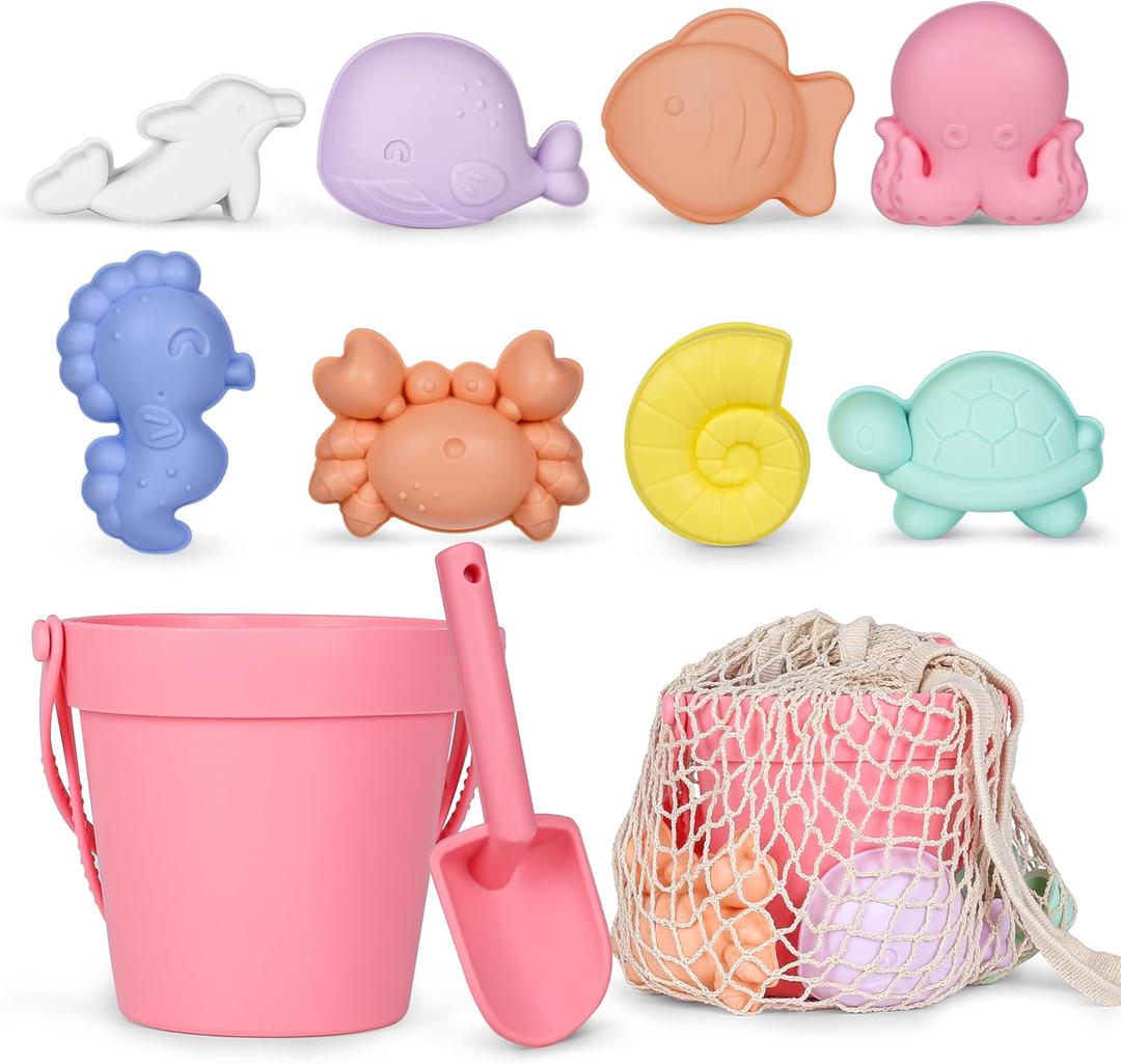 MarcZero 11Pcs Silicone Beach Toys for Toddlers, Bucket & Sand Toys, Pink | Kids Baby beach toys travel-friendly soft silicone set with shovel, 8 ocean molds and beach bag for beach or sandbox
