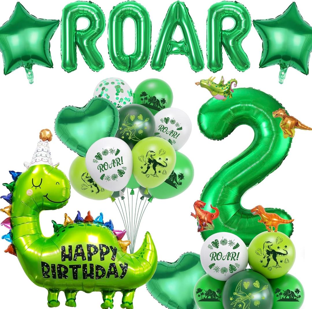 Dinosaur 2nd Birthday Decorations for Boys - 29 Pieces Dino Balloons Party Supplies Green Include Number Foil Balloon, Happy Birthday Decoration for 2 Year Old Boy Dinosaurs Jungle Theme Party