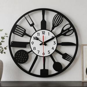 16 Inch Black Metal Kitchen Wall Clock, Modern Creative Cutlery Fork and Spoon Decor Clock, Silent Non-Ticking, Battery Operated, for Kitchen and Dining Room Wall Decor,Ideal Housewarming Gift