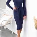 ZESICA Women's 2026 Spring Sweater Dress V Neck Long Sleeve Ribbed Knit Tie Waist Bodycon Slim Fit Midi Dresses (Blue, S)