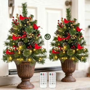 BLOSMON Outdoor Christmas Tree for Porch: 2 Sets 24 Inch Timer Prelit Planter Bushes with 10 Red Cardinals - Remote 60 Lights 8 Modes - Small Pot Urn Filler for Front Door Pathway Yard Decor