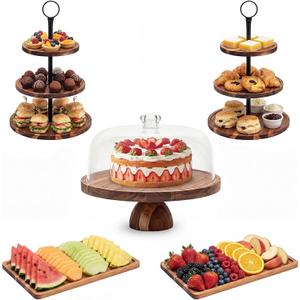 5 Pcs Wooden Dessert Table Display Set,Acacia Wood Cake Stand with Dome Lid,2 Pcs 3-Tier Dessert Display Stands and 2 Serving Trays Hosting Essential for Wedding Birthday Party Baby Shower Christmas