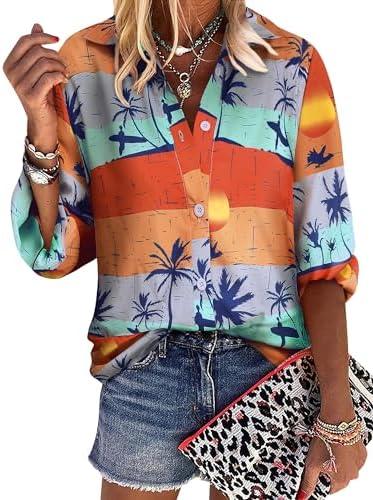ZXZY Women's Hawaiian Shirts Long Sleeve Tropical Tops Button Down Dressy Casual Blouses, Size 2XL