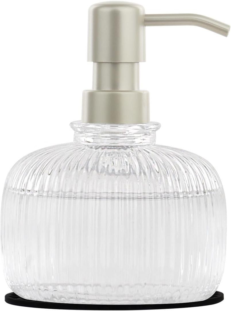12 OZ Soap Dispensers with Silicone Mat, for Kitchen and Bathroom Contertop Wash Hand Liquid, Dish Detergent, Farmhouse Style Shampoo Lotion Pump (1, Clear Glass with Champagne, 4" x 4" x 5-1/2")