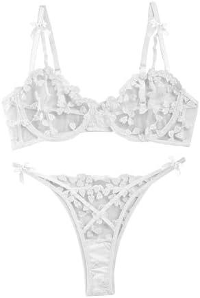 Lilosy Sexy Cute Underwire Push Up Strappy Heart Embroidered Mesh Sheer Lingerie Set for Women See Through Bra and Panty 2 Piece Bow White, Size: Large