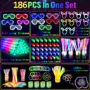 186 PCS Glow in the Dark Party Supplies,16 Foam Sticks,10 Glow Fiber Wands, 10 LED Glasses, 10 Glowing Rabbit Ears,100 Glow Sticks and 40 Finger Lights for Neon Party Birthday Carnivals Halloween