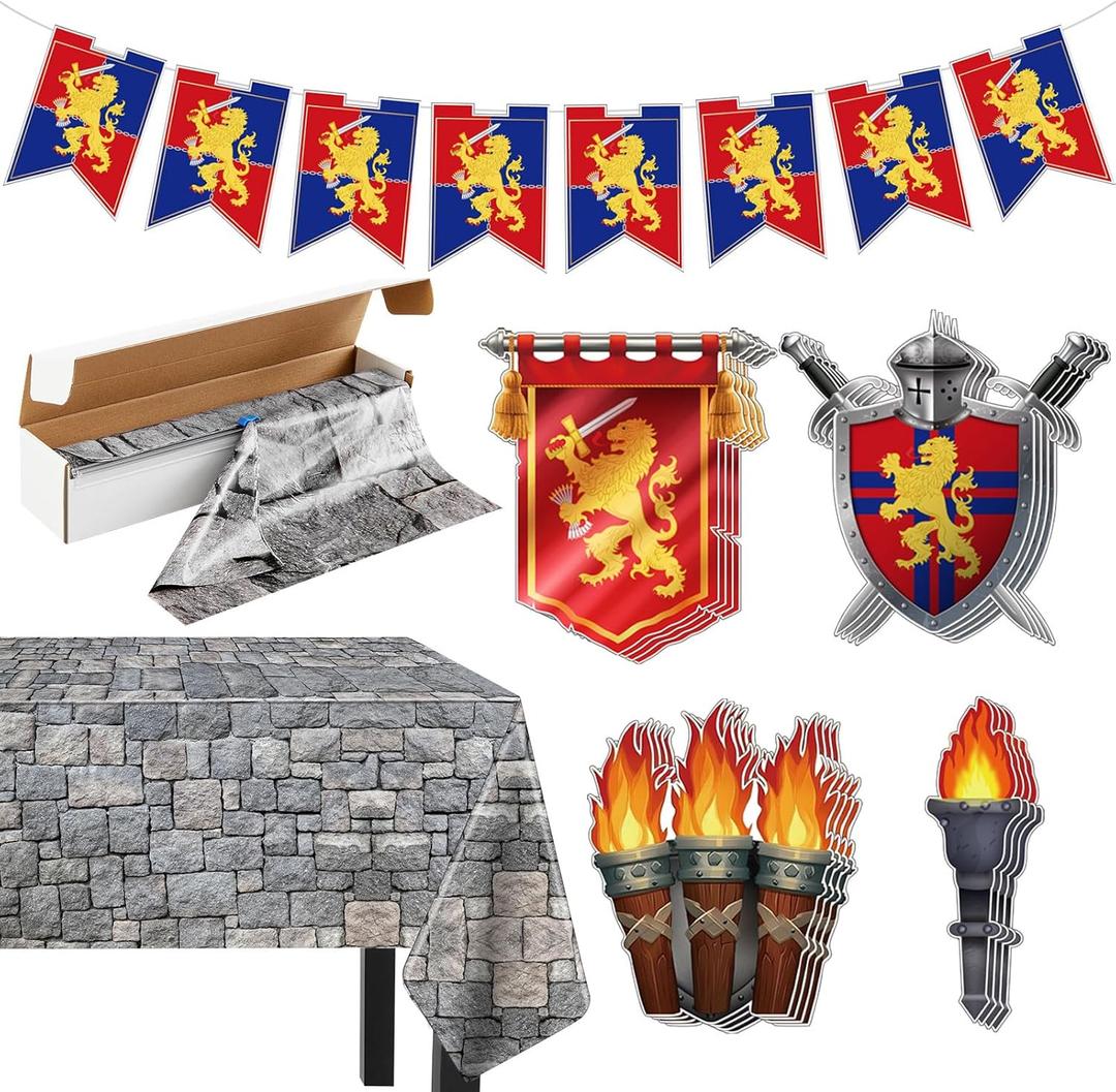 Jecery 18 Pcs Medieval Party Decorations Set, Lion Hanging Banner, Brick Stone Wall Tablecloth Roll, Torches and Shields for Renaissance Medieval Knight Birthday Party Favor