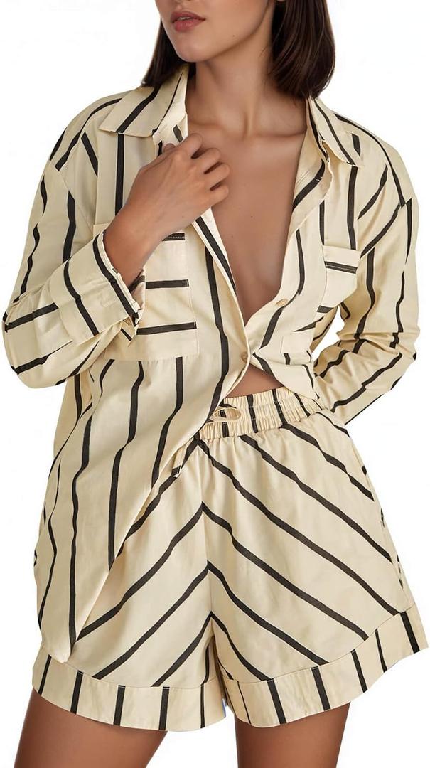 Tankaneo Womens Striped 2 Piece Outfits Button Down Shirts and Shorts Lounge Matching Sets (Beige, L)