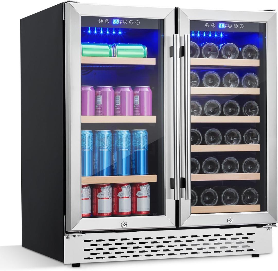 Freestanding Wine Cellars 15 Inch, Dual Zone Cooler, Smart Wine Cooler Refrigerator with WiFi, Undercounter Glass Door Fridge for Kitchen, Office, Bedroom, Soft LED Light Holds 28 Bottles 80 Cans (X Large)