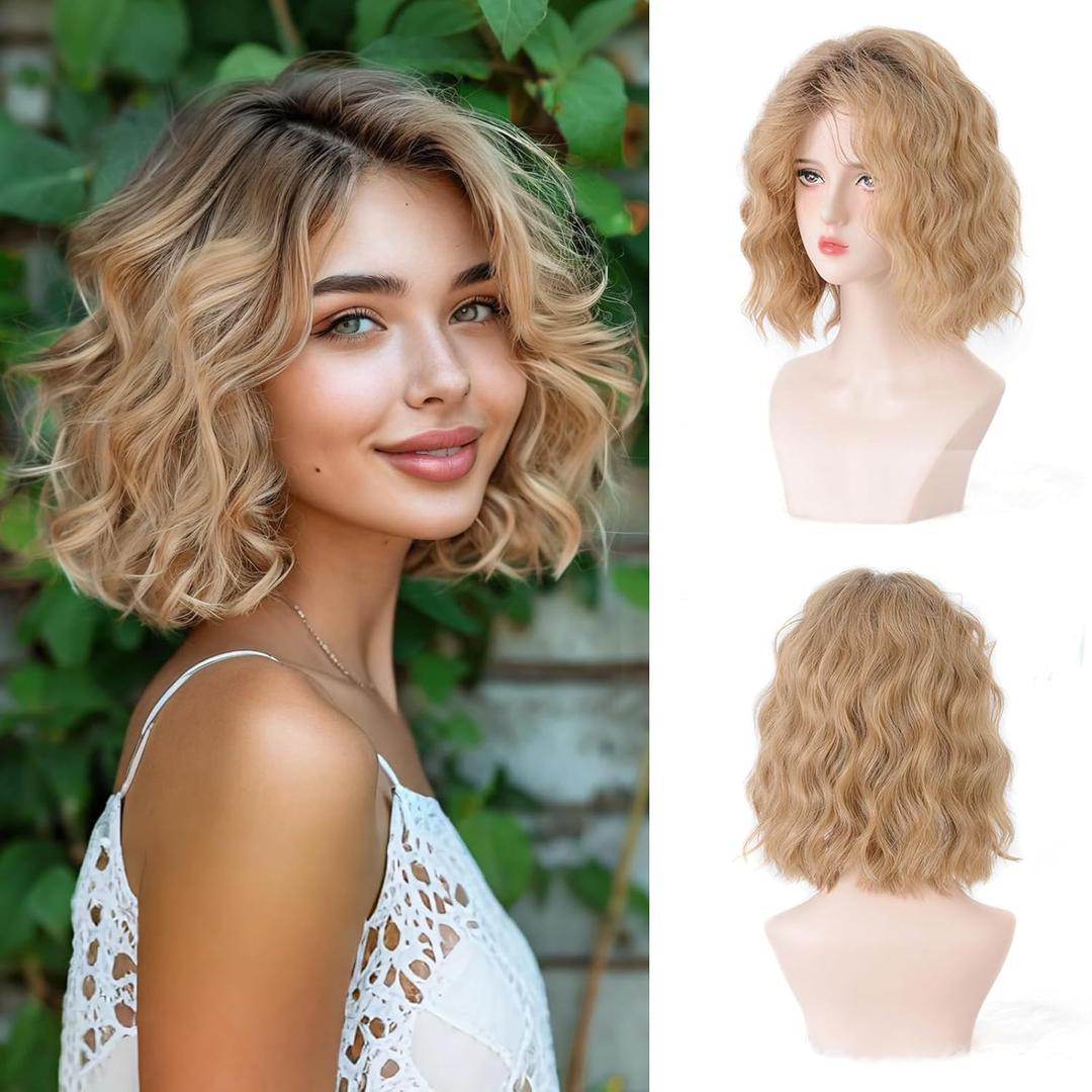 Short Ombre Blonde Wavy Human Hair Wigs for Women Shoulder Length Curly Bob Wig Capless Lightweight Natural Look for Daily Party Use (Root Blonde, 14inch)