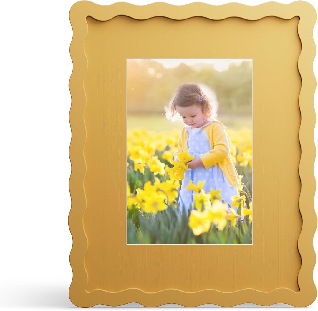 8x10 Picture Frame with Mat for 5x7, Wavy Edge Wooden Real Glass Photo Frame for Tabletop and Wall Hanging, Yellow, 1 Pack