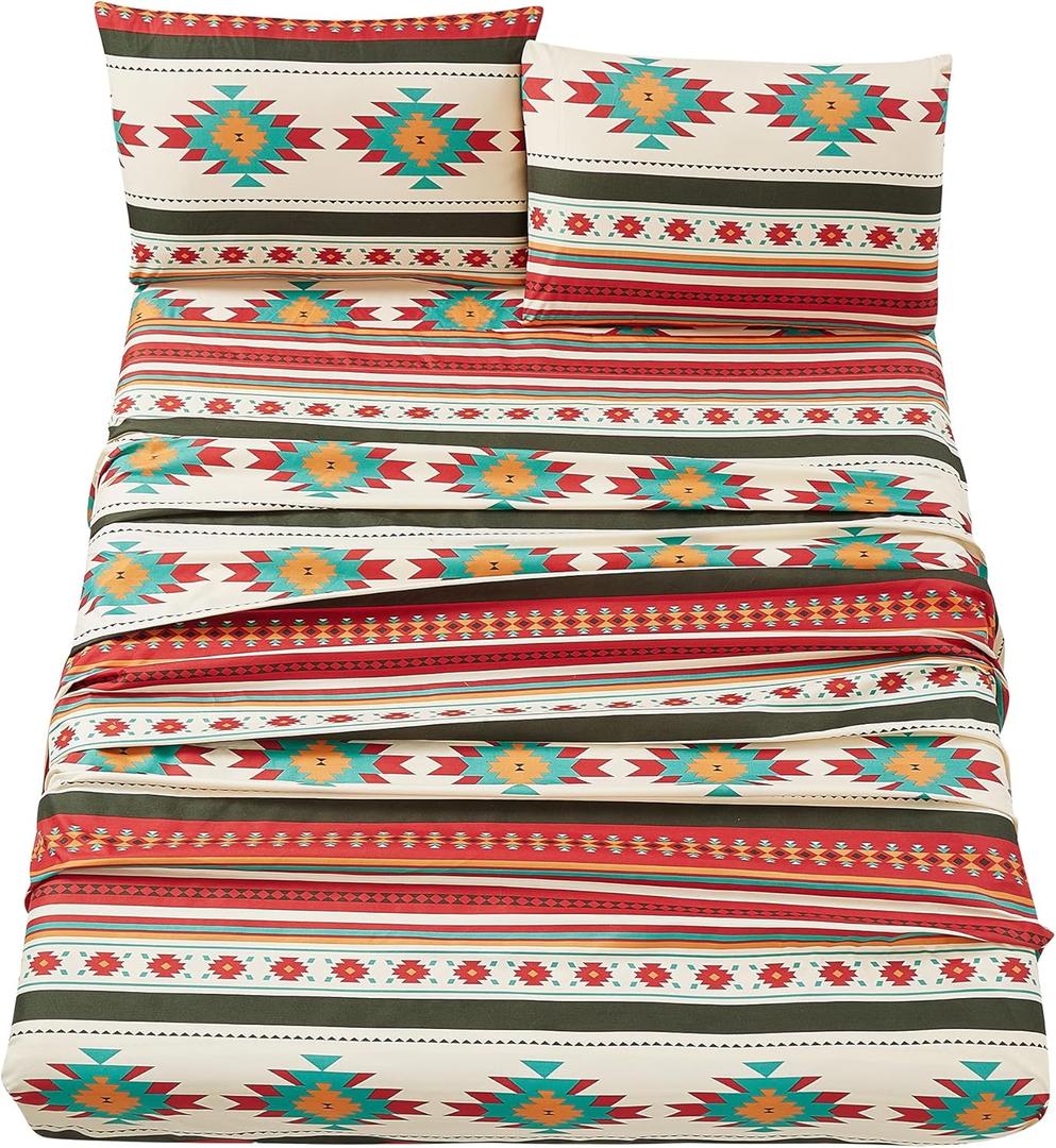 Chezmoi Collection Prescott 4-Piece Southwestern Geometric Tribal Multicolor Cream Red Teal Orange Sheet Set, King Size